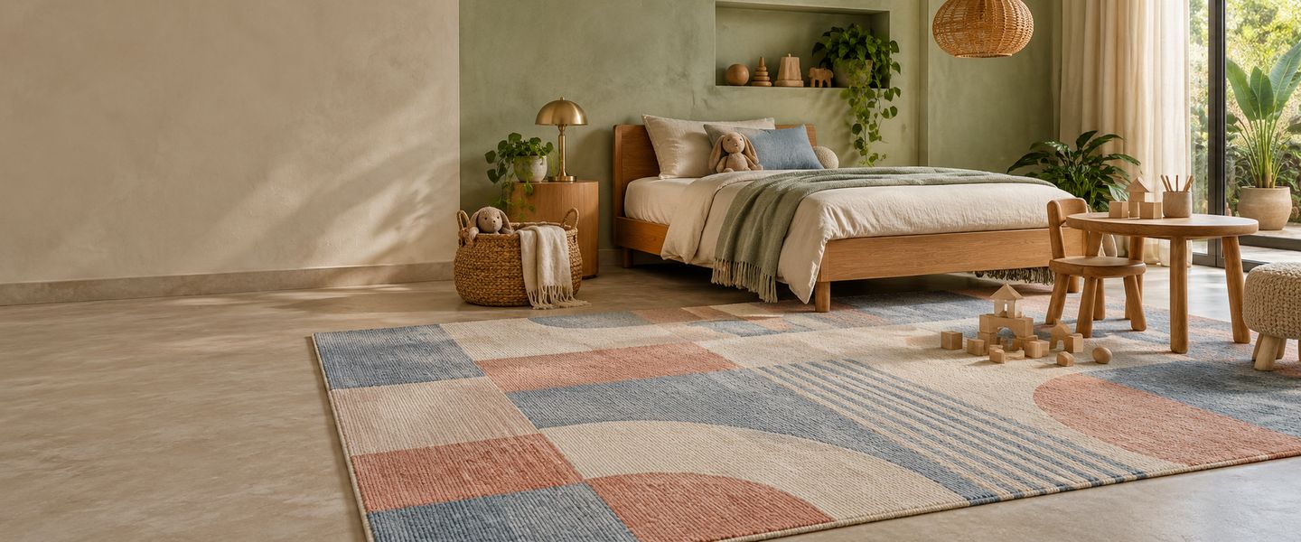 Blue, coral and cream 5×8 ft kids room carpet between a low wooden bed and play table in a calm child's bedroom