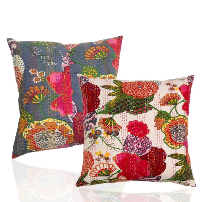 Rugsville Ethnic Kantha Floral Assorted Cushion cover 16"x16" 2 pc Set