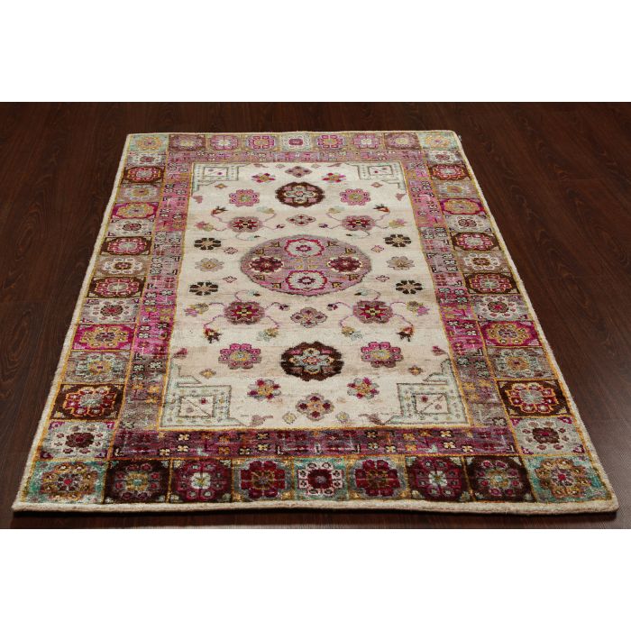 Rugsville Ikat Tan & Ivory Sari Silk  30011 4x6 Rug