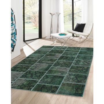 Rugsville Vintage Patchwork Overdyed Green Wool Carpet 7' x 10'