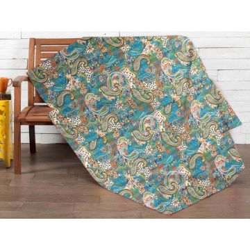 The Beautiful Blue Paisley Handblock Printed King Cotton Kantha Quilt 90" X 108"