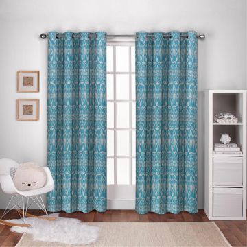 Rugsville Cotton Ikat Turquoise Blue Handmade Jaipur Kantha Quilted Curtain 7 Feet