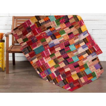 Vintage Patchwork Multi Cotton Kantha Sari Silk King Patola Quilt 90" X 108"