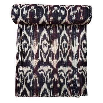 Rugsville Cotton Kantha Ikat Black Bedspread Handmade Kantha Quilt 60" X 90"