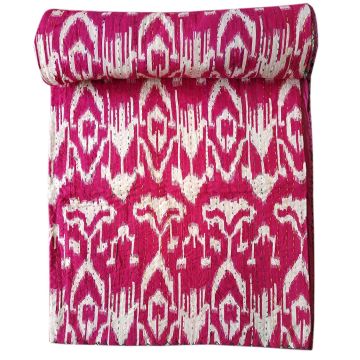 Rugsville Cotton Kantha Ikat Pink Bedspread Handmade Kantha Quilt 60" X 90"