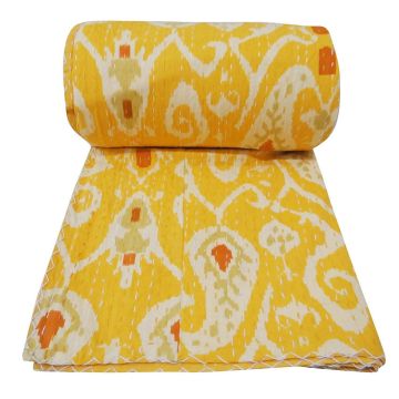 Rugsville Cotton Kantha Ikat Yellow Bedspread Handmade Kantha Quilt 60" X 90"