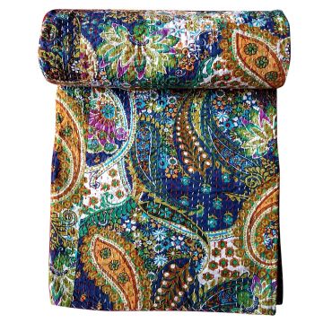 Rugsville Cotton Kantha Paisley Blue Bedspread Handmade Kantha Quilt 60" X 90"