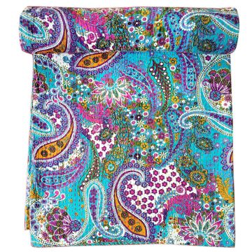 Rugsville Cotton Kantha Paisley Blue Bedspread Handmade Kantha Quilt 90" X 108"
