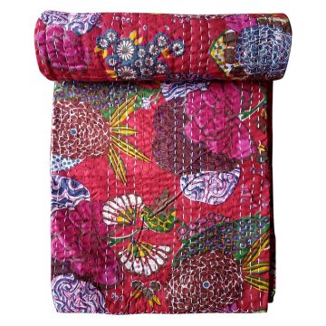 Rugsville Cotton Kantha Floral Red Bedspread Handmade Kantha Quilt 60" X 90"