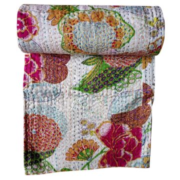 Rugsville Cotton Kantha Floral White Bedspread Handmade Kantha Quilt 60" X 90"