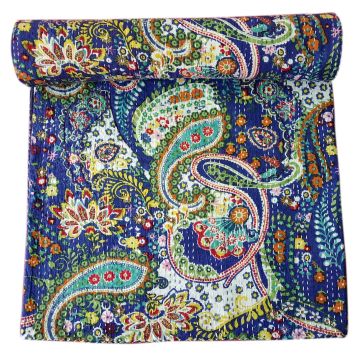 Rugsville Cotton Kantha Paisley Blue Bedspread Handmade Kantha Quilt 90" X 108"