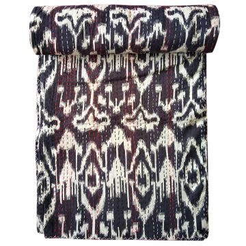 Rugsville Cotton Kantha Ikat Black Bedspread Handmade Kantha Quilt 60" X 90"