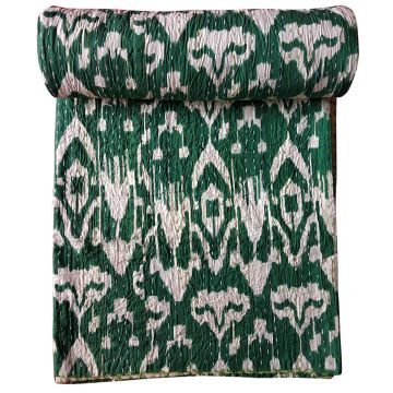 Rugsville Cotton Kantha Ikat Green Bedspread Handmade Kantha Quilt 60" X 90"