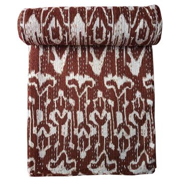 Rugsville Cotton Kantha Ikat Brown Bedspread Handmade Kantha Quilt 60" X 90"
