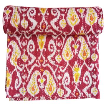 Rugsville Cotton Kantha Ikat Red Bedspread Handmade Kantha Quilt 90" X 108"