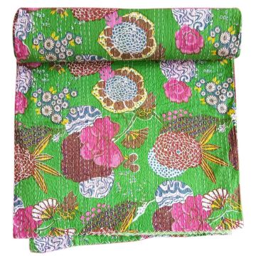 Rugsville Cotton Kantha Floral Green Bedspread Handmade Kantha Quilt 90" X 108"
