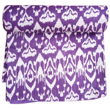 Rugsville Cotton Kantha Ikat Purple Bedspread Handmade Kantha Quilt 90" X 108"