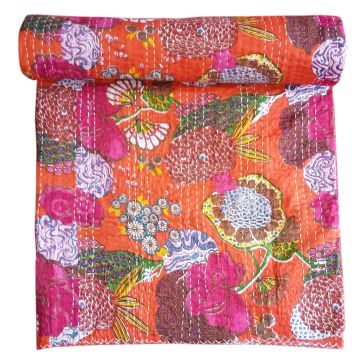 Rugsville Cotton Kantha Floral Orange Bedspread Handmade Kantha Quilt 90" X 108"