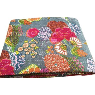 Rugsville Cotton Kantha Floral Grey Bedspread Handmade Kantha Quilt 90" X 108"