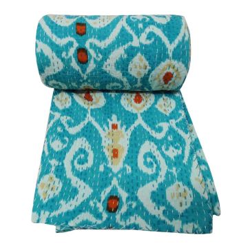 Rugsville Cotton Kantha Ikat Blue Bedspread Handmade Kantha Quilt 90" X 108"