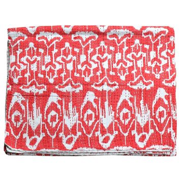 Rugsville Cotton Kantha Ikat Red Bedspread Handmade Kantha Quilt 90" X 108"