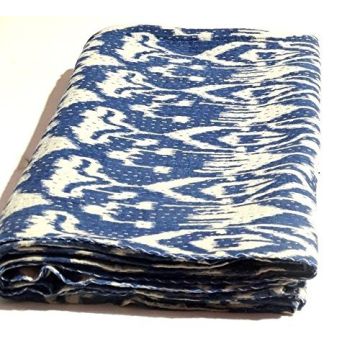 Rugsville Cotton Kantha Ikat Blue Handmade Bedspread Kantha Quilt 90" X 108"