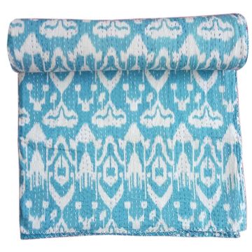 Rugsville Cotton Kantha Ikat Blue Bedspread Handmade Kantha Quilt 90" X 108"