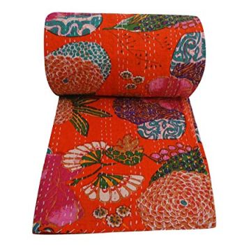 Rugsville Cotton Kantha Floral Red Bedspread Handmade Kantha Quilt 60" X 90"