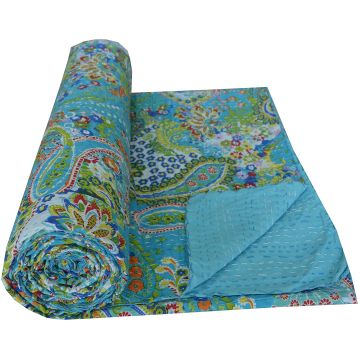 Rugsville Cotton Kantha Paisley Blue Bedspread Handmade Kantha Quilt 90" X 108"