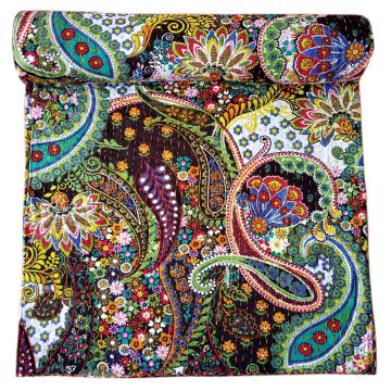 Rugsville Cotton Kantha Paisley Black Bedspread Handmade Kantha Quilt 90" X 108"