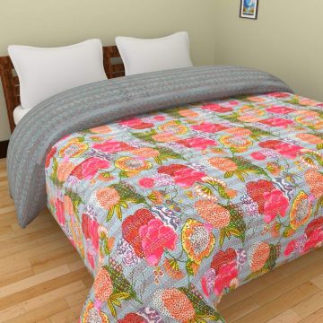 Rugsville Cotton Floral Grey Handmade Bedspread Kantha Quilt 90" X 108"