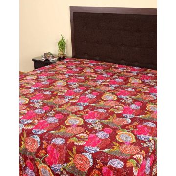 Rugsville Cotton Kantha Floral Red Bedspread Handmade Kantha Quilt 90" X 108"