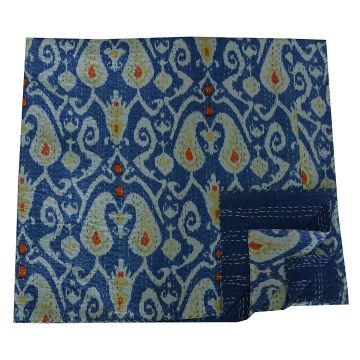Rugsville Designer Hand Printed Ikat Premium Cotton Blue Kantha King Quilt 90" X 108"