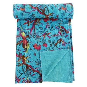 Rugsville Designer Bird Printed Premium Cotton Turquise Kantha King Quilt 90"x108"