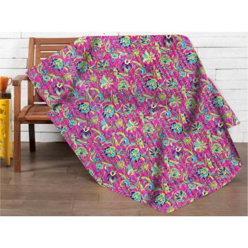 Rugsville Handmade Floral Pink Queen Cotton Kantha Quilt 60" X 90"