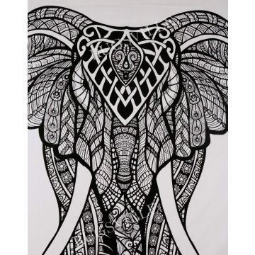 Rugsville Wall Hanging Mandala  Room Decoration Front Face Elephant Black and White Tapestry 84 X 54 Inches