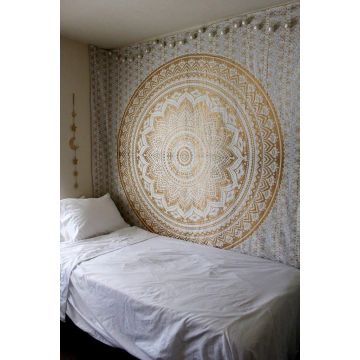 Rugsville Wall Hanging Mandala  Room Decoration Ombre Flower White and Gold Tapestry 84 X 54 Inches