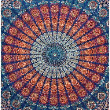 Rugsville Wall Hanging Mandala  Room Decoration Peacock Wing Blue Mirchi Tapestry 84 X 54 Inches