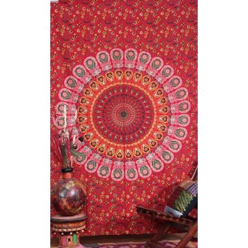 Rugsville Wall Hanging Mandala  Room Decoration Peacock Wing Red Tapestry 84 X 54 Inches