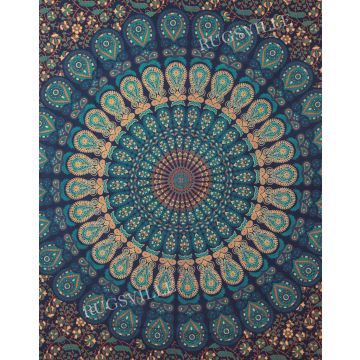 Rugsville Wall Hanging Mandala  Room Decoration Peacock Wing Blue Tapestry 84 X 54 Inches
