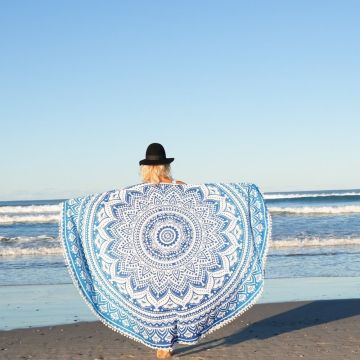 Rugsville Mandala Bohemian Psychedelic Beach Yoga Picnic Throw Towel Ombre Flower Sea Blue Round Tapestry 72 inches