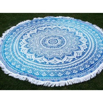 Rugsville Mandala Bohemian Psychedelic Beach Yoga Picnic Throw Towel Ombre Flower Sea Blue Round Tapestry 72 inches