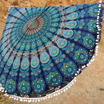 Rugsville Mandala Bohemian Psychedelic Beach Yoga Picnic Throw Towel Peacock Wing Blue Round Tapestry 72 inches