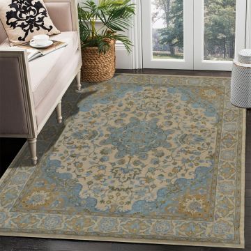 Rugsville Heriz Blue Beige Hand Knotted Wool Persian Carpet 63351