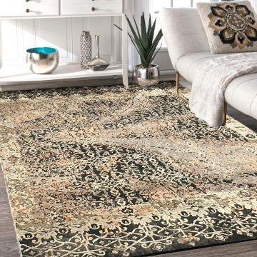 Rugsville Oxidye Floral Black Wool Silk Designer Persian Carpet 5' x 8'