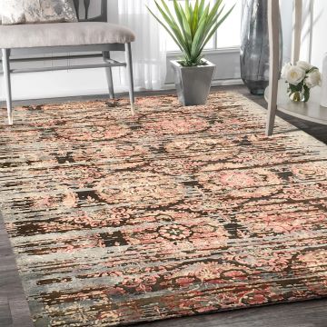 Rugsville Oxidye Floral Multi Hand Knotted Wool Silk Modern Carpet 5' x 8'