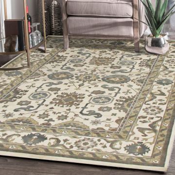 Rugsville Oushaks Traditional Floral Ivory Wool Persian Carpet 63396