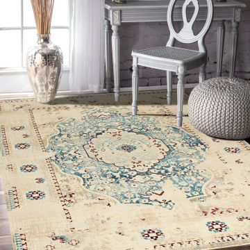 Rugsville Enver Ivory Blue Oriental Persian Carpet 5'3" x 7'4"