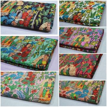 Bohemian Frida Kahlo Multi Handmade Cotton Kantha Quilt 