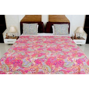 Bohemian Paisley Pink Handmade Cotton Kantha Quilt 90" x 108"